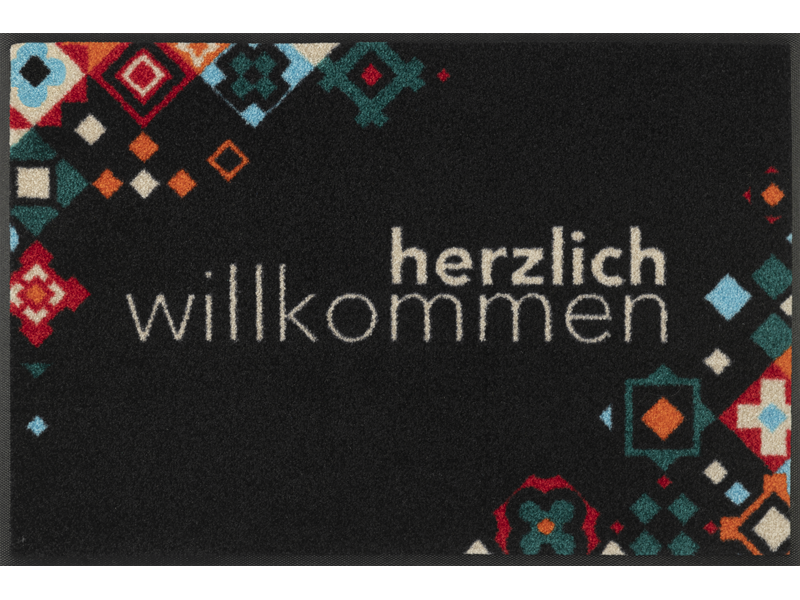 Fußmatte mit Mosaik und Schriftzug "herzlich Willkommen" in schwarz